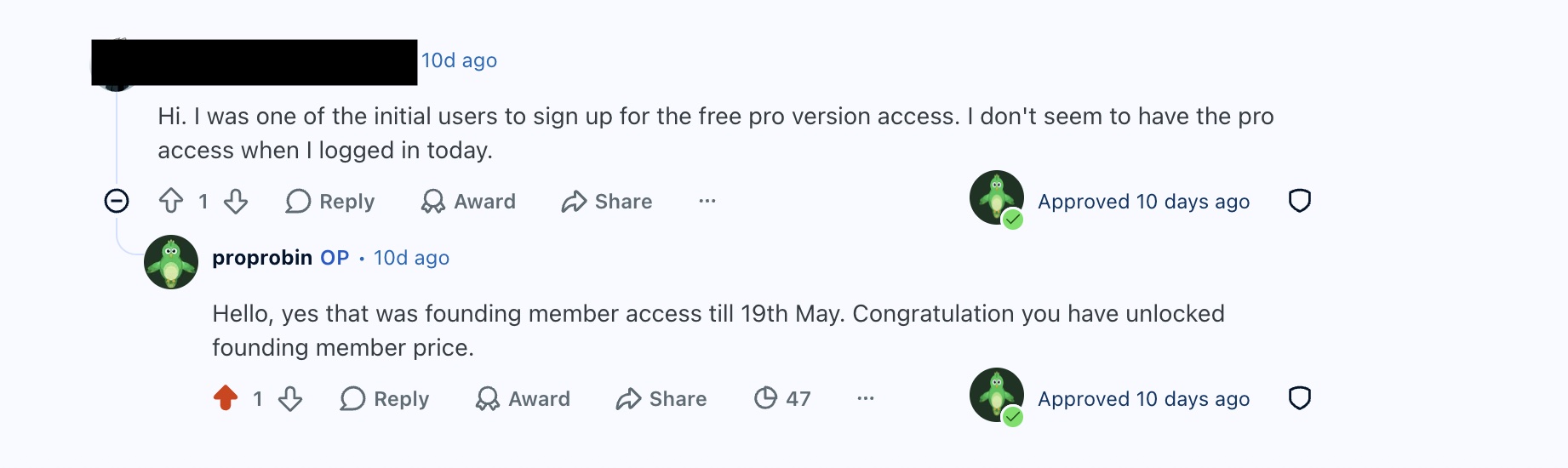 Reddit: user pro access question, Proprobin responds